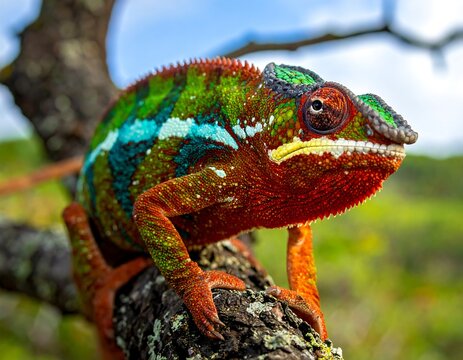 Vibrant reptile perched on branch, showcasing intricate scales and color - Powered by Adobe