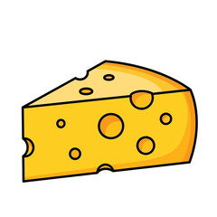 Cartoon illustration of a vibrant yellow cheese slice with characteristic holes, in a simple flat design style, perfect for food, dairy, and culinary themes.