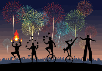 Circus performers entertain with fire juggling and unicycling.