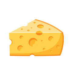 Bright yellow cartoon style cheese wedge with distinct holes, representing dairy products, snacks, ingredients, and gourmet food preparation elements isolated