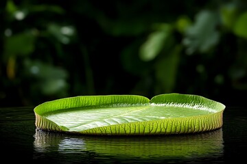 Large green leaf floating on calm water surface in tranquil nature setting, serene beauty