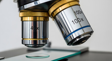 Close-up view of a microscope's objective lenses and specimen slide, showcasing scientific exploration and discovery in a laboratory setting