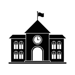 Simple black silhouette icon of a classic building with a central clock tower, arched entrance, and flag, representing education, administration, or a historical landmark for design.