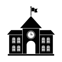 Classic academic institution building silhouette featuring a prominent clock tower and waving flag, symbolizing education, knowledge, tradition, and learning.