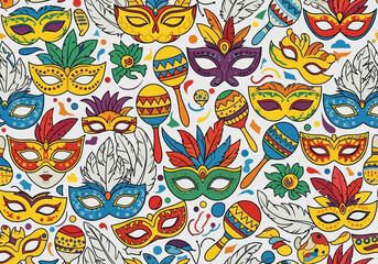 Colorful carnival masks and maracas festive background design.