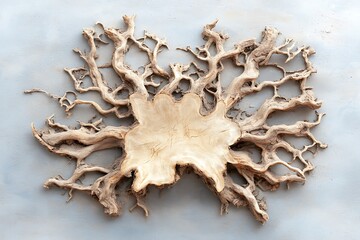 Unique natural wood art piece showcasing intricate branches on a textured background