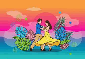 Couple Dancing Among Tropical Leaves in Vibrant Sunset Illustration.