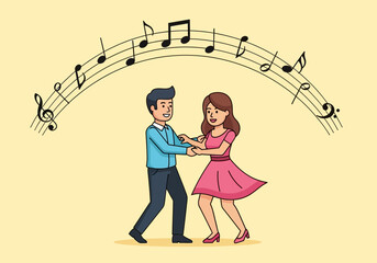 Couple dancing joyfully under a musical staff.