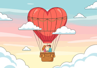 Couple in Heart Shaped Hot Air Balloon Flying High Above the Clouds.