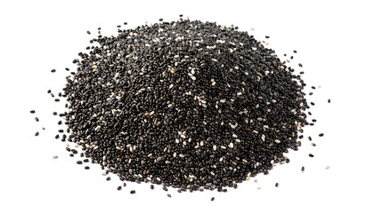 A pile of small, black and white speckled chia seeds forming a mound shape, macro shot, isolated on white