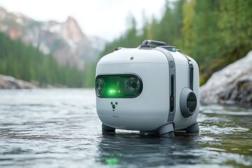 Innovative robotic device in serene water landscape surrounded by lush greenery and mountains