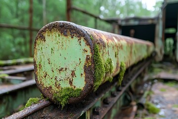 Rusty Industrial Pipe with Moss in Abandoned Factory Surrounded by Lush Greenery