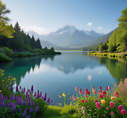 Serene Mountain Lake with Colorful Wildflowers