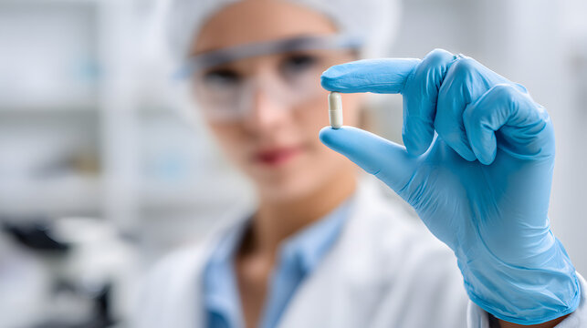 A female doctor holds a small capsule against a research lab background and copy space for text. Laboratory background illustration.