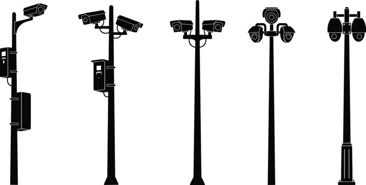 Silhouettes of surveillance camera poles, vector illustration of security infrastructure with mounted devices for public monitoring and urban safety systems