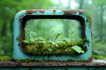 Greenery Through Rusty Window Frame in Lush Forest Setting Invoking Tranquility and Nature