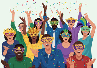 Diverse Group of People Celebrating Wearing Colorful Masquerade Masks.