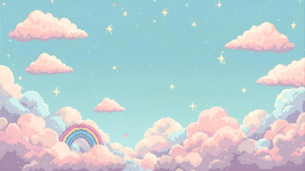Pastel pixel art sky with clouds and rainbow background illustration wallpaper 4k, generative ai