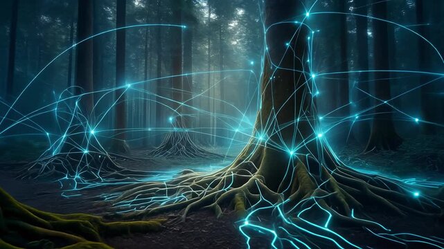 Autonomous Forest Network_Trees connected by glowing root systems transmitting data