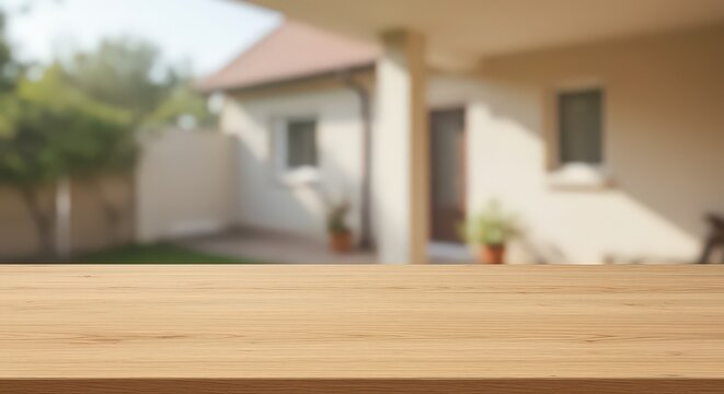 A wooden table surface in the foreground with a blurred background of a house and patio on a sunny day.