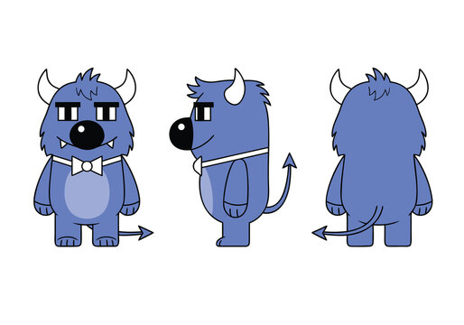 Three-view character design sheet of a cute blue cartoon monster with horns, a tail, and a bow tie, presented from front, side, and back angles.