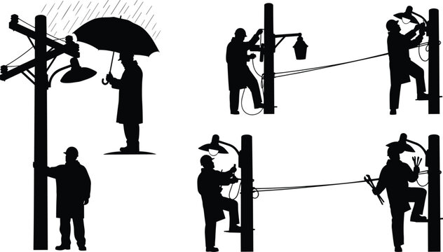 Silhouettes of utility workers climbing and servicing poles, vector illustration of electrical maintenance tasks with ladders, lifts, and tools
