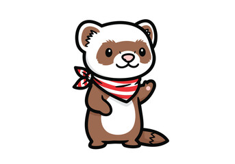 Fototapeta premium A cute cartoon ferret with brown and white fur, wearing a red and white striped bandana, standing and waving.