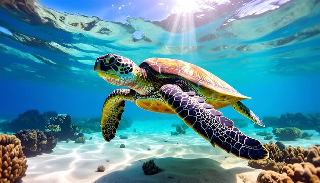Vibrant sea turtle gracefully swims in clear, shallow water over sandy bottom near coral