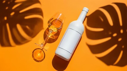 A wine bottle and glass on an orange background with plant shadows