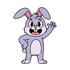 A cute cartoon purple rabbit character with pink ears and an open mouth, happily waving its right paw.