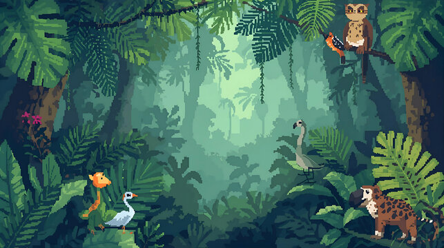 Pixel art jungle with monkey, birds, and dense vegetation wallpaper 4k, Generative AI