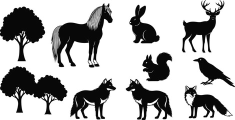 Stylized forest animal silhouettes with foxes, deer, horse, rabbit, crow, squirrel and trees for nature wildlife vector illustration design