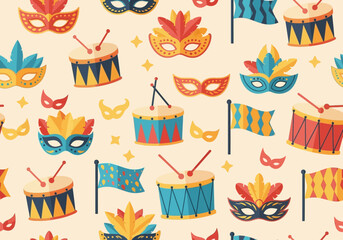 Festive Carnival Pattern with Masks, Drums, and Flags for Celebrations.
