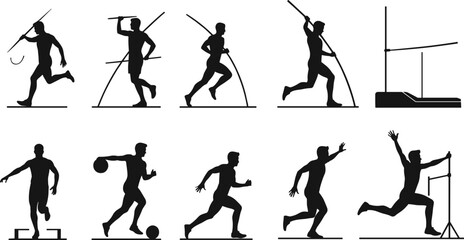 Track and Field Athlete Silhouettes Performing Javelin, Pole Vault, Sprint, Hurdles, Shot Put, Long Jump, Victory Pose Vector Set