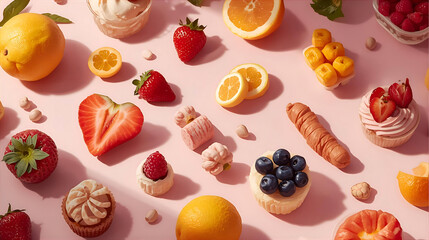 Delicious assortment of fruits and desserts on a pink surface wallpaper 4k, generative ai