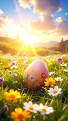 Easter Egg Hunt in a Sunny Meadow with Wildflowers.
