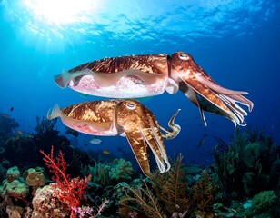 Two cephalopods swim over a coral reef