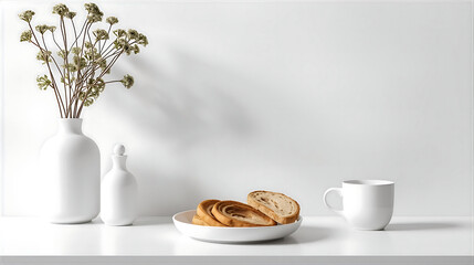 Minimalist still life with bread and flower isolated on white background wallpaper 4k, generative ai