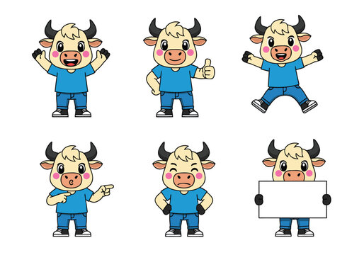 A kawaii-style cartoon bull mascot with light fur, wearing a blue t-shirt and jeans. Shown in various cute poses: cheering, thumbs-up, jumping, pointing, standing confidently, and holding a blank sign