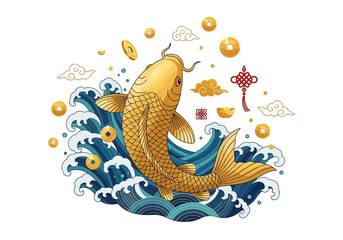 Golden Koi Fish Leaping from Waves with Coins and Clouds.