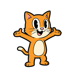  simple, stylized cartoon illustration of a happy, orange tabby cat, standing with its arms outstretched in a welcoming, joyful gesture.