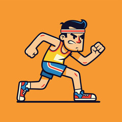 A simple, flat-style illustration of an athletic man with a headband, running with determination, a modern and energetic character.