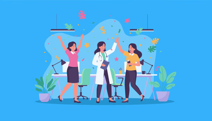 Business success celebration doctor and colleagues highfiving in the modern office