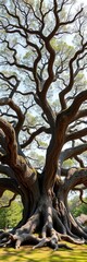 Ancient oak, gnarled branches spread wide, a symbol of enduring strength ,  leaves,  branches
