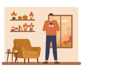 Young man using a smartphone in a cozy autumnal living room Flat vector illustration of digital lifestyle