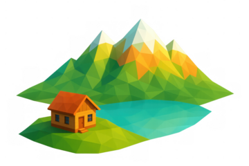 Low polygonal house near a lake and mountains, depicting a serene landscape for themes of escape, travel, or property