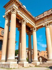 Ancient columns supporting a historic facade at a famous Roman landmark,  Italy,  history