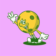 Groovy pickleball character in retro cartoon. Mascot, vector, icon, collection, sticker, vintage, illustration, set, funny, logo, comic, editable, sport, game