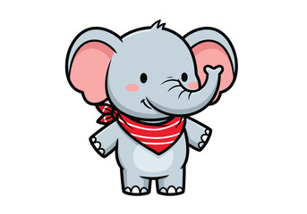 A simple, cute, and stylized cartoon illustration of a happy baby elephant wearing a red and white checkered bandana.