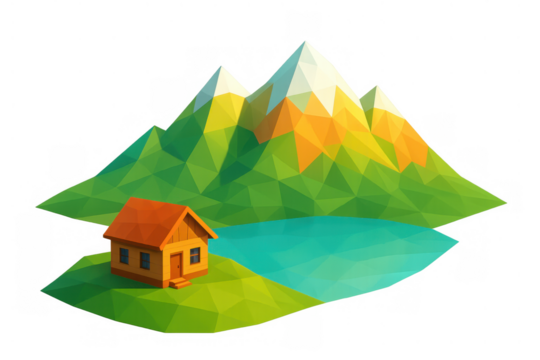 Low polygonal house near a lake and mountains, depicting a serene landscape for themes of escape, travel, or property